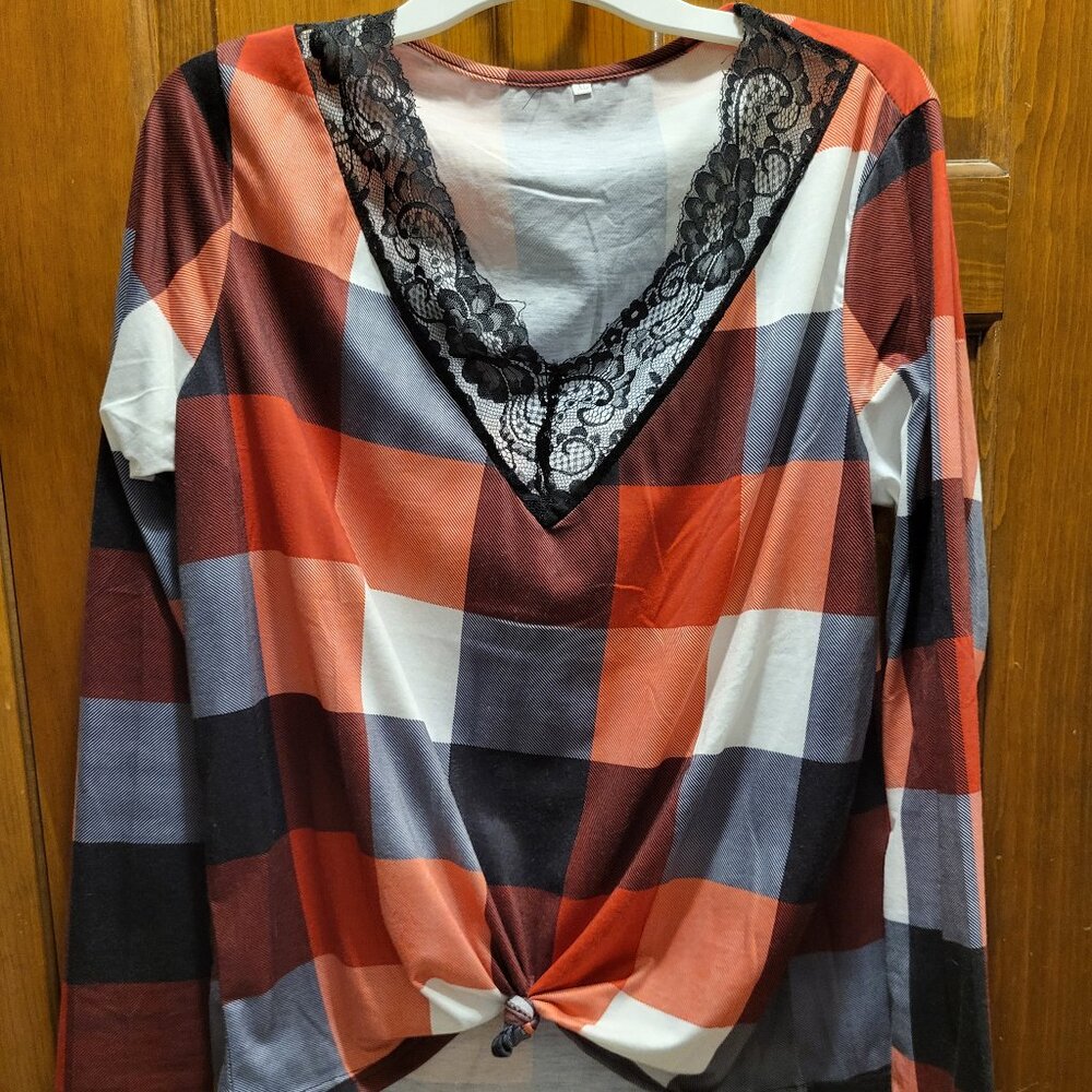 Red Plaid lace long sleeve shirt